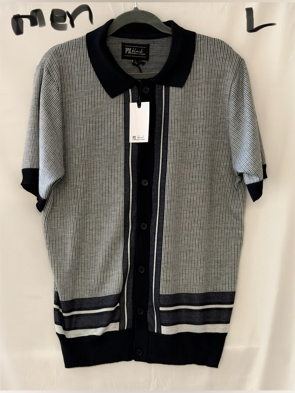 PK Limited Men's Gray Short-Sleeve Polo Cardigan with Navy Trim
